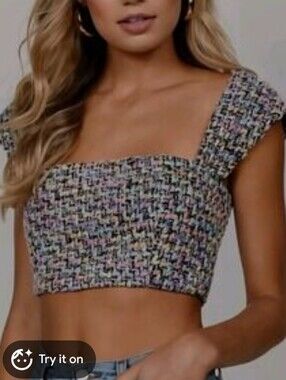 Nwt Black Grey Tweed Crop Top Wide Straps Y2K Classy Preppy Coquette Chanel L